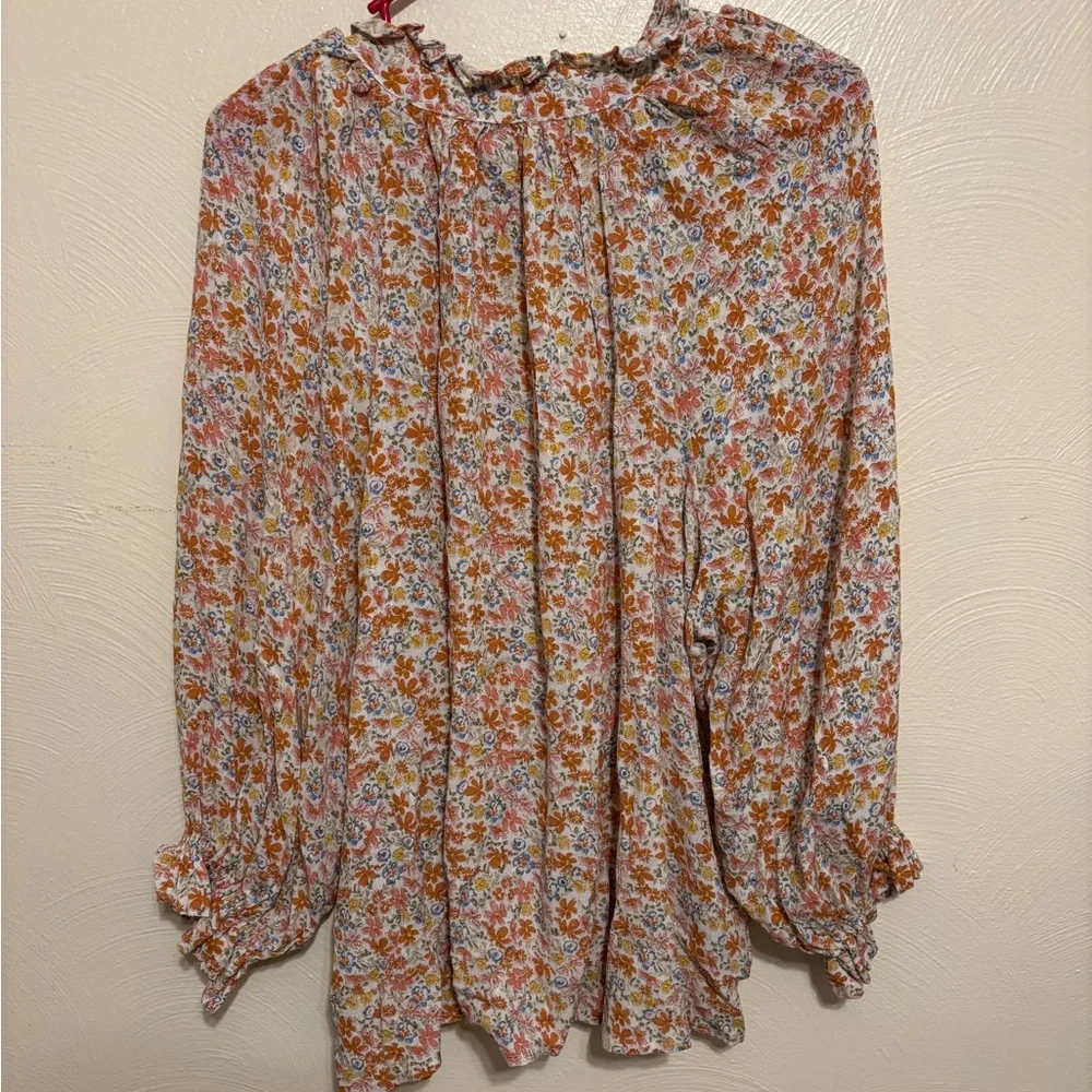 Cynthia Rowley Floral Boho Peasant Blouse Ruffle Neck Tie Front Size XL - Picture 8 of 8